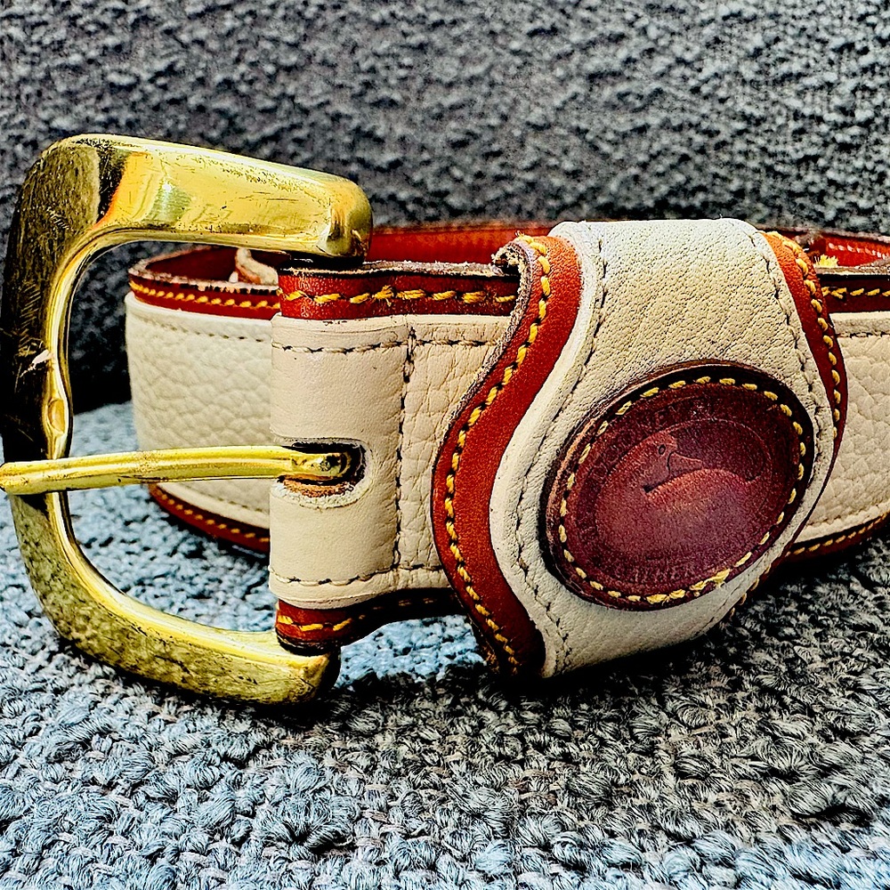Vintage Dooney & Burke All Weather Leather Canvss Belt Cognag Brass Accent